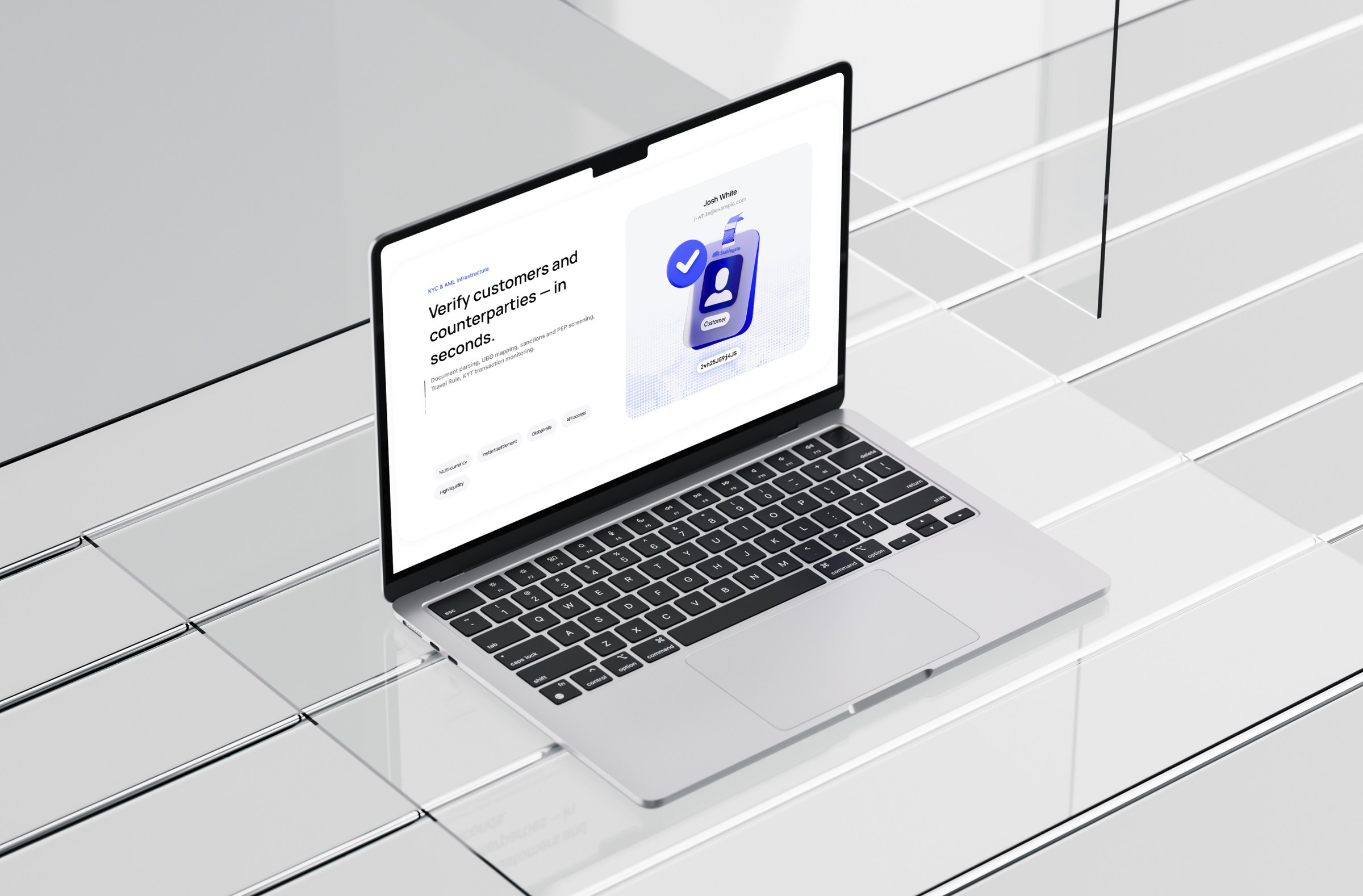 Сайт Stablegate с 3D-иллюстрациями на экране ноутбука
