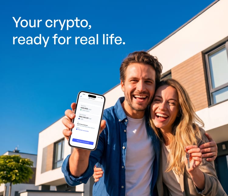 Билборд Stablegate: «Your crypto, ready for real life.» с парой у дома