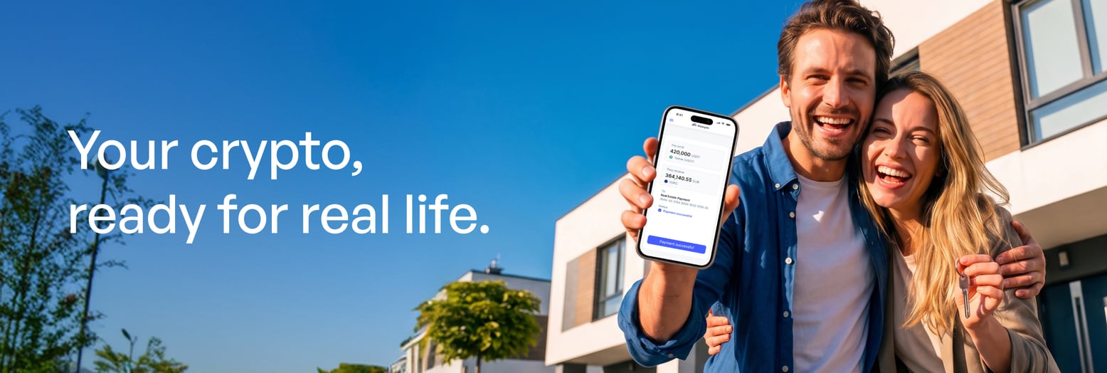 Билборд Stablegate: «Your crypto, ready for real life.» с парой у дома