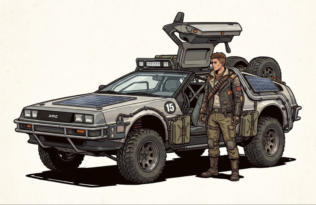Скетч постапокалиптического DeLorean с внедорожными колёсами, солнечными панелями и выжившим