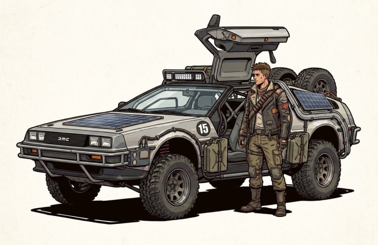 Скетч постапокалиптического DeLorean с внедорожными колёсами, солнечными панелями и выжившим