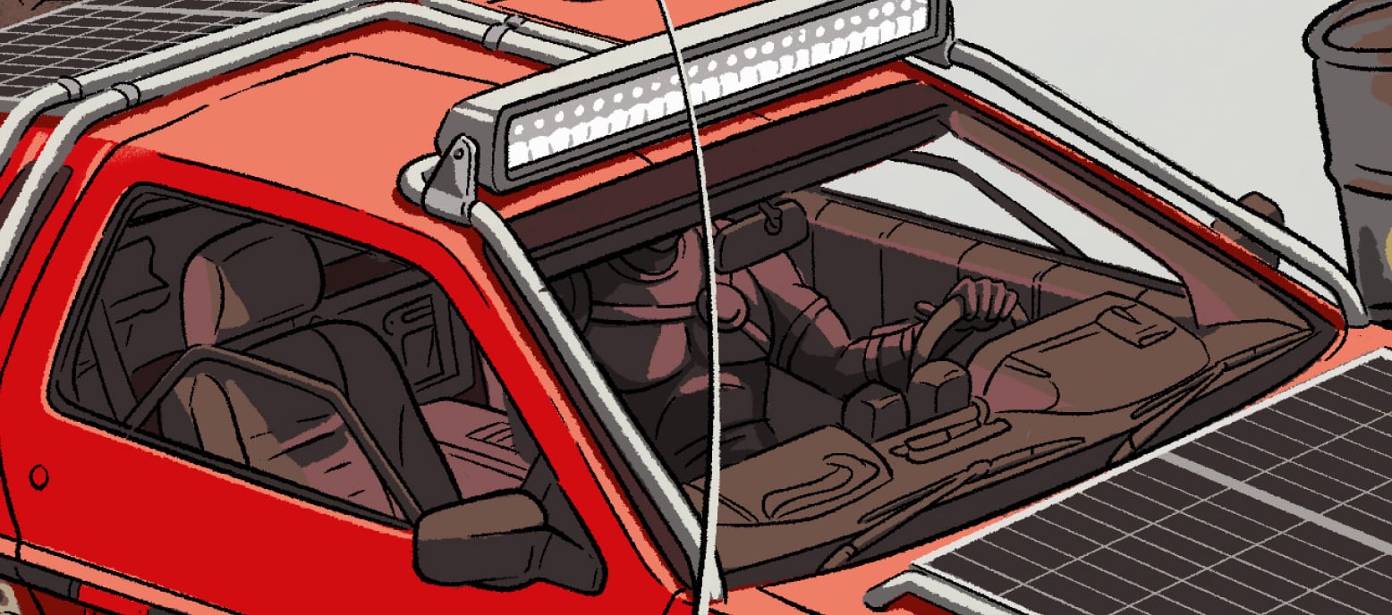 Фрагмент иллюстрации: детали постапокалиптического DeLorean