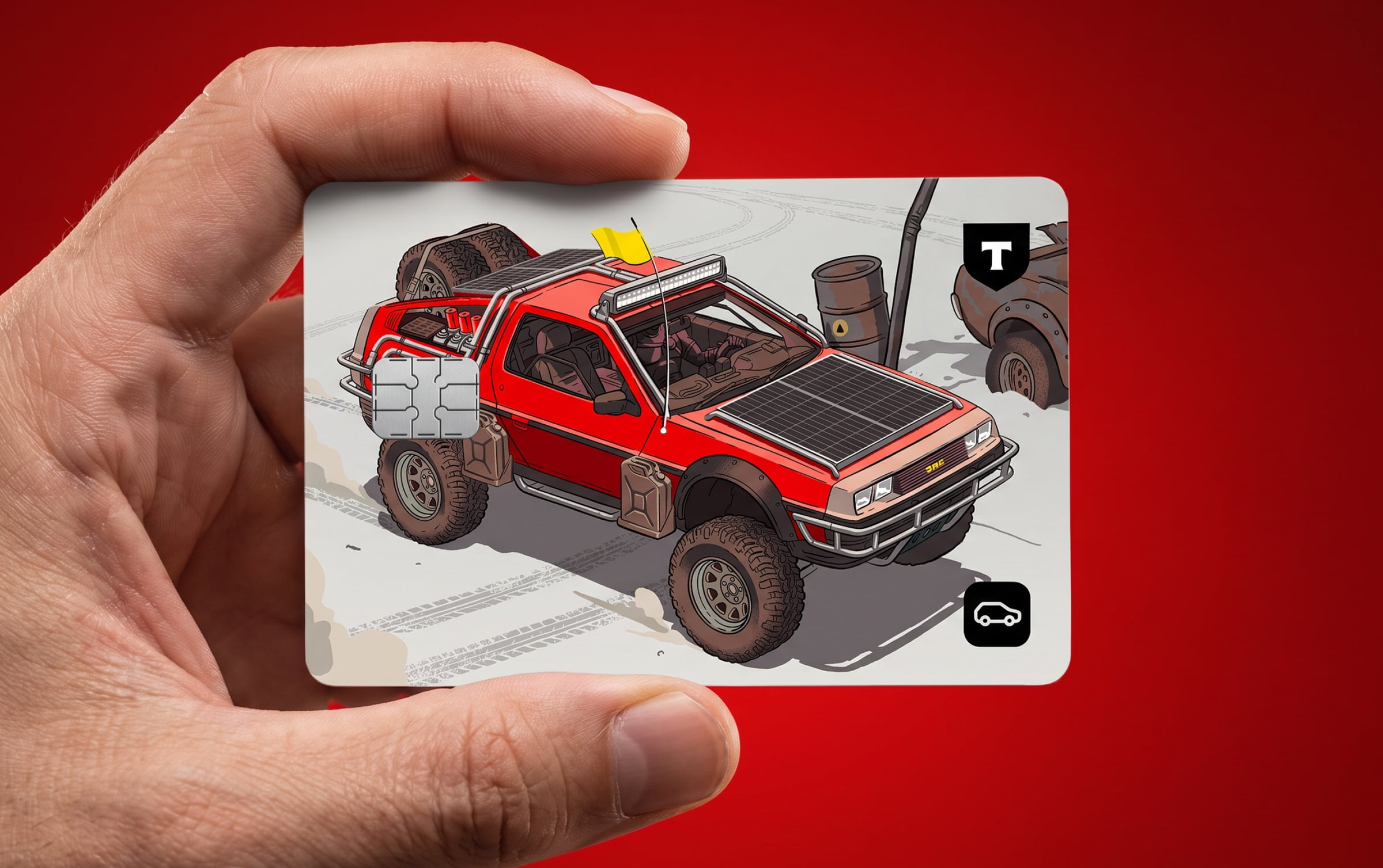 Карта Mad Max DeLorean в руке на красном фоне