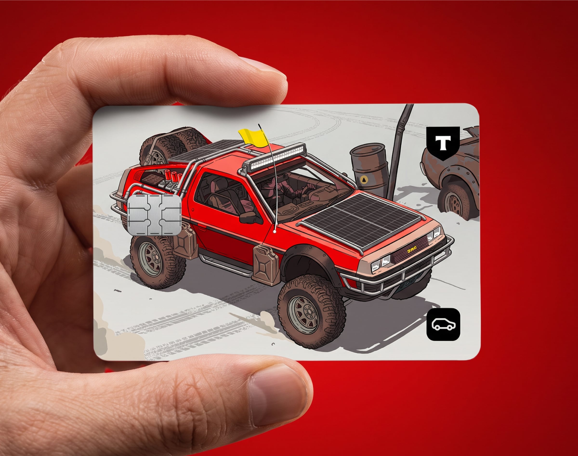 Карта Mad Max DeLorean в руке на красном фоне