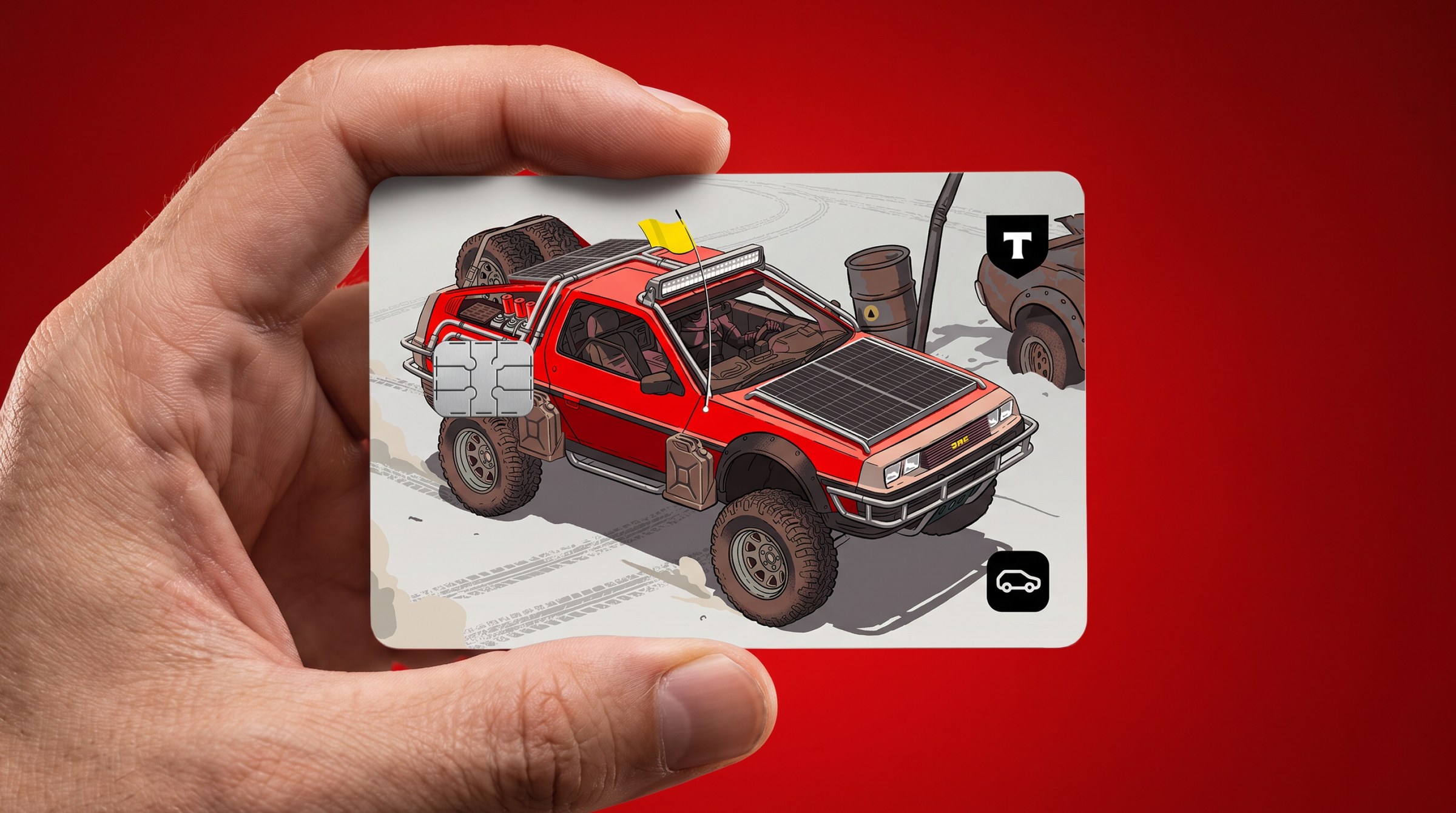 Карта Mad Max DeLorean в руке на красном фоне